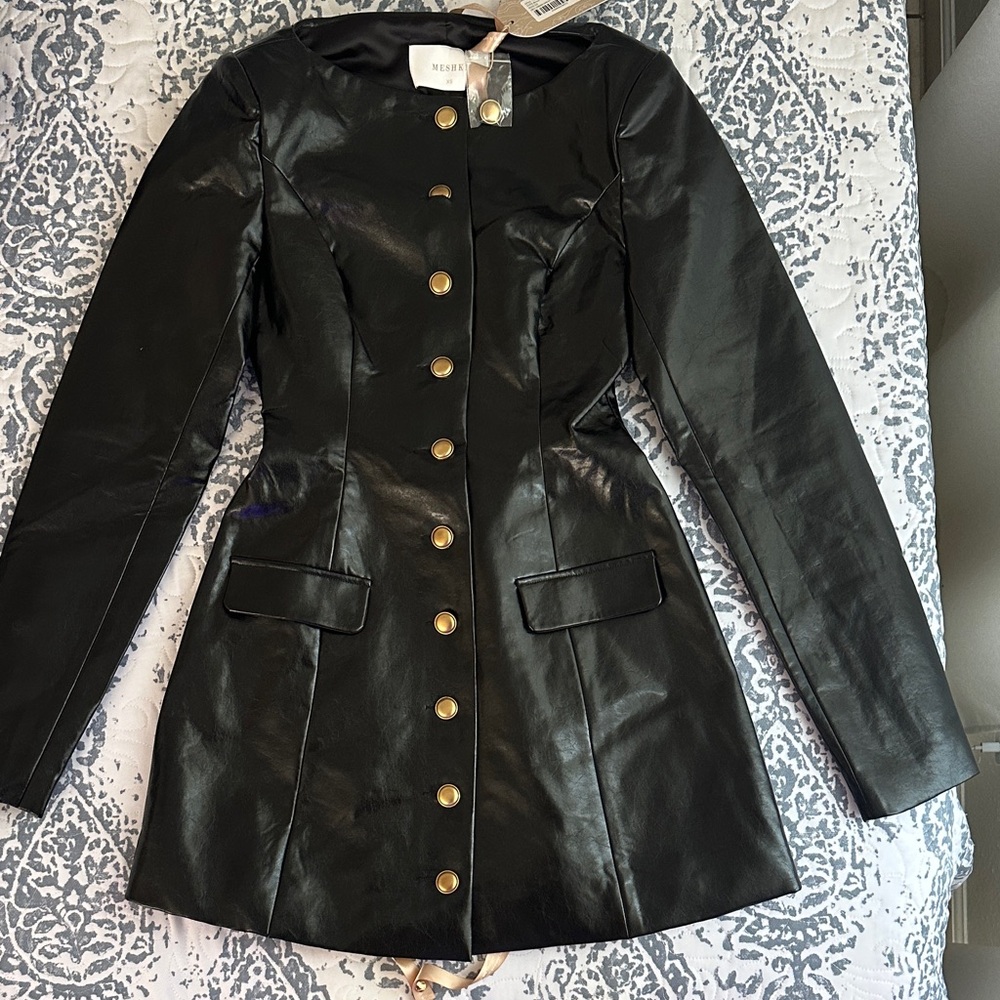 Meshki Black Leather Jacket with Gold Buttons